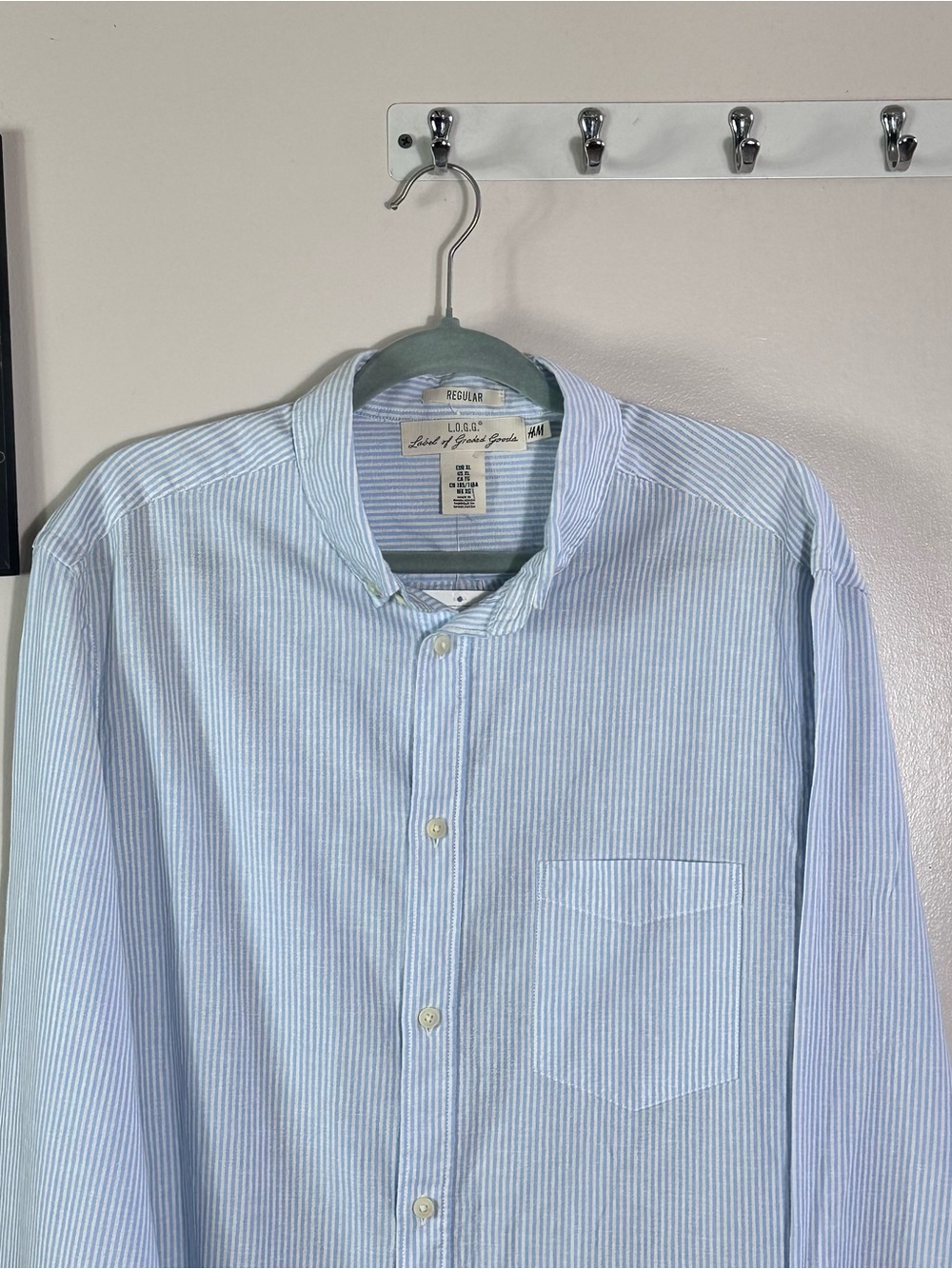 H&M Light Blue & White Striped Band-Collar Casual Shirt